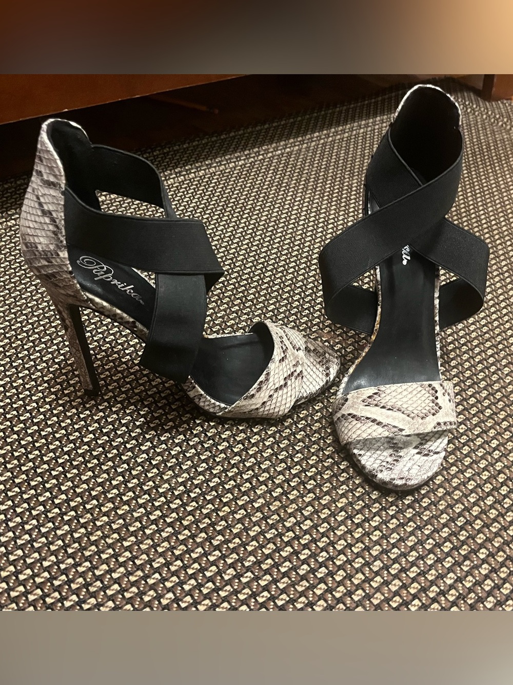 Paprika Black Elastic Snake-Print High Heel Sandals
